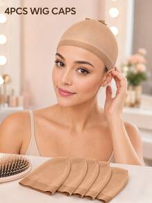 4 Peças Toucas de Peruca de Náilon Elásticas para Mulheres, Toucas de Meia Leves e Respiráveis com Faixa Elástica Larga, Redes de Cabelo Confortáveis para Perucas, Cosplay, Maquiagem de Palco, Penteado Diário e Proteção de Cabelo, Disponíveis em Bege, Marrom e Preto - Multicolorido - Visão 1