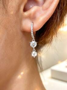 1 Pair S925 Sterling Silver Long Dangle Earrings With Synthetic Cubic Zirconia, Elegant Quality Jewelry For Women - Silver - View 6