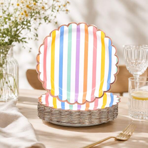50pcs/100pcs 9 Inch Rainbow Macaron Striped Paper Plates, Wavy Edge Gold Rim Plates, Multi-Color Soft Pink Yellow Blue Green Purple Striped Round Tableware, Suitable For Birthday Party, Bridal Shower, Picnic, Wedding, Garden Tea Party, Party Supplies