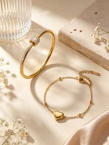 2PCS Fashionable Elegant Style Geometric Glass Bracelet/Heart-Shaped Stainless Steel Bracelet Jewelry Set For Women, Suitable For Daily Wear/Valentine's Day Gift - Yellow Gold - View 1