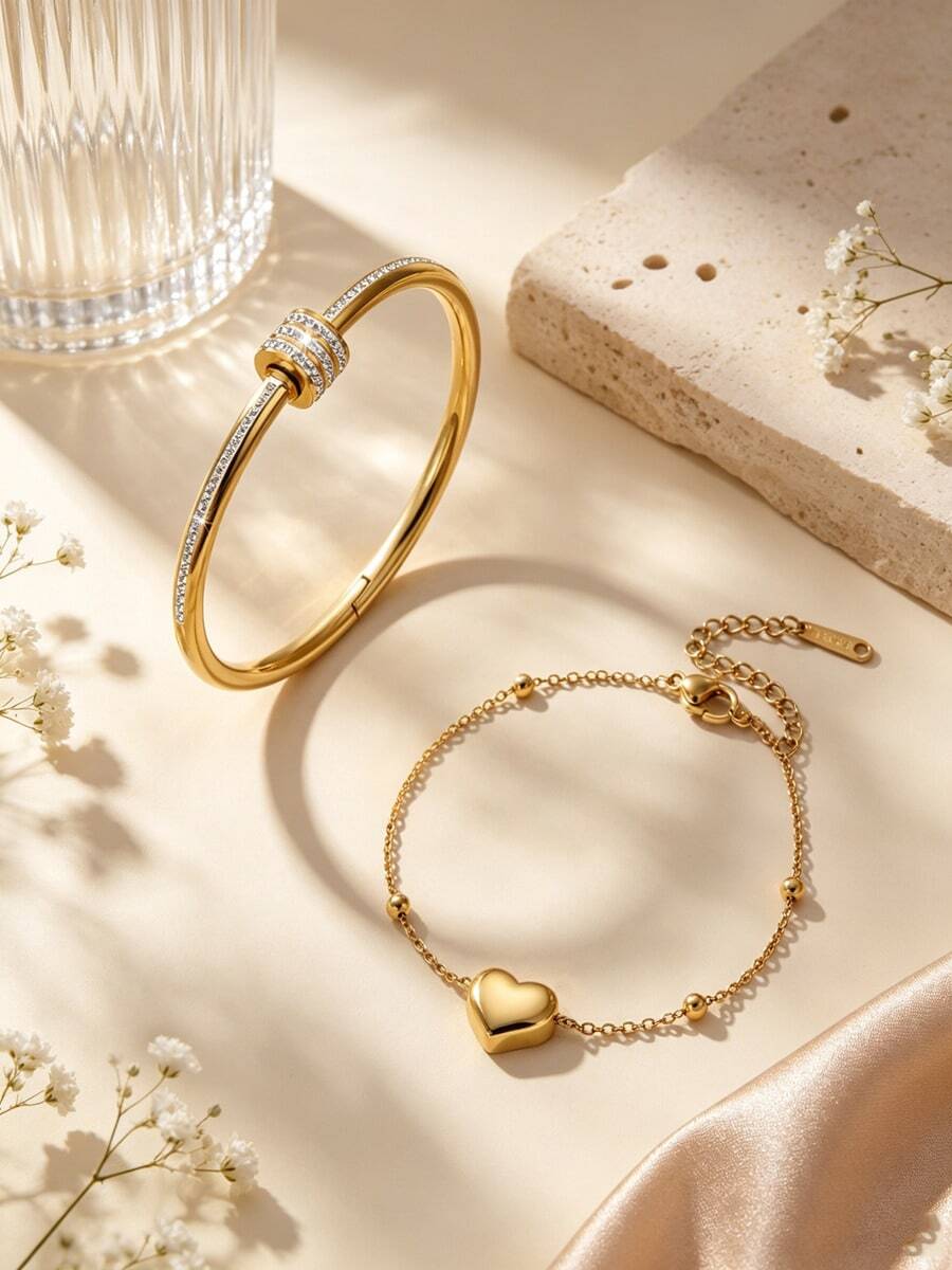 2PCS Fashionable Elegant Style Geometric Glass Bracelet/Heart-Shaped Stainless Steel Bracelet Jewelry Set For Women, Suitable For Daily Wear/Valentine's Day Gift - Yellow Gold - View 1