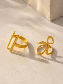 VceTd 1/2PCS Minimalist Business Style Hollow Geometric Line Decorated Stainless Steel Women's Single Ring, Suitable For Daily Wear Or Fashion Street Photography - Yellow Gold - View 5
