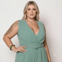 Macacão longo elegante plus size com decote em V, sem mangas e com cinto, em tecido verde, perfeito para um look de convidada. - Verde Menta - Visão 4