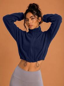 Never me Women's Thick Full Zip Short Jacket, High Neck Drawstring Hem Outdoor Running Top - Navy Blue - View 4