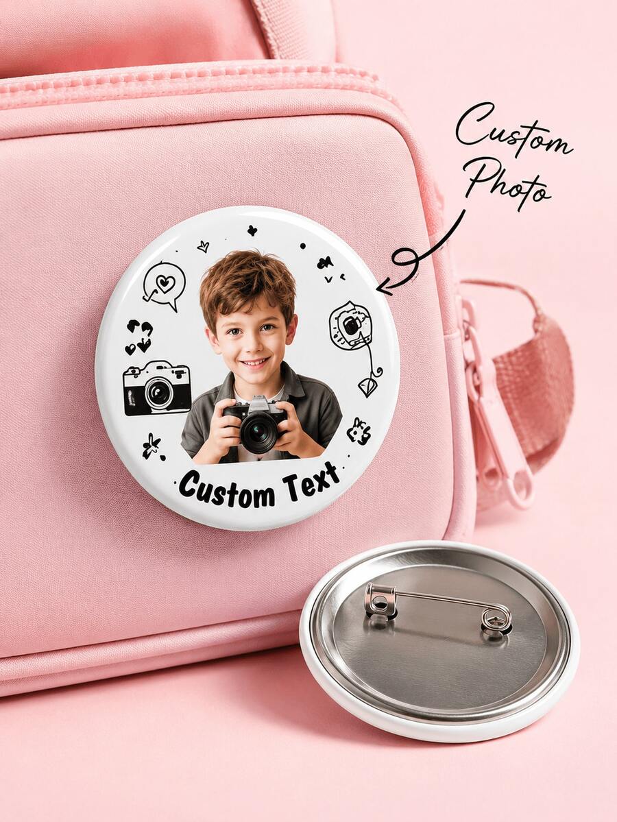 1 pieza Insignia de botón de fotógrafo personalizada con texto personalizado, broche de alfiler redondo con tema de cámara, insignia de foto personalizada con respaldo de metal, mochila linda - Multicolor - Ver 1