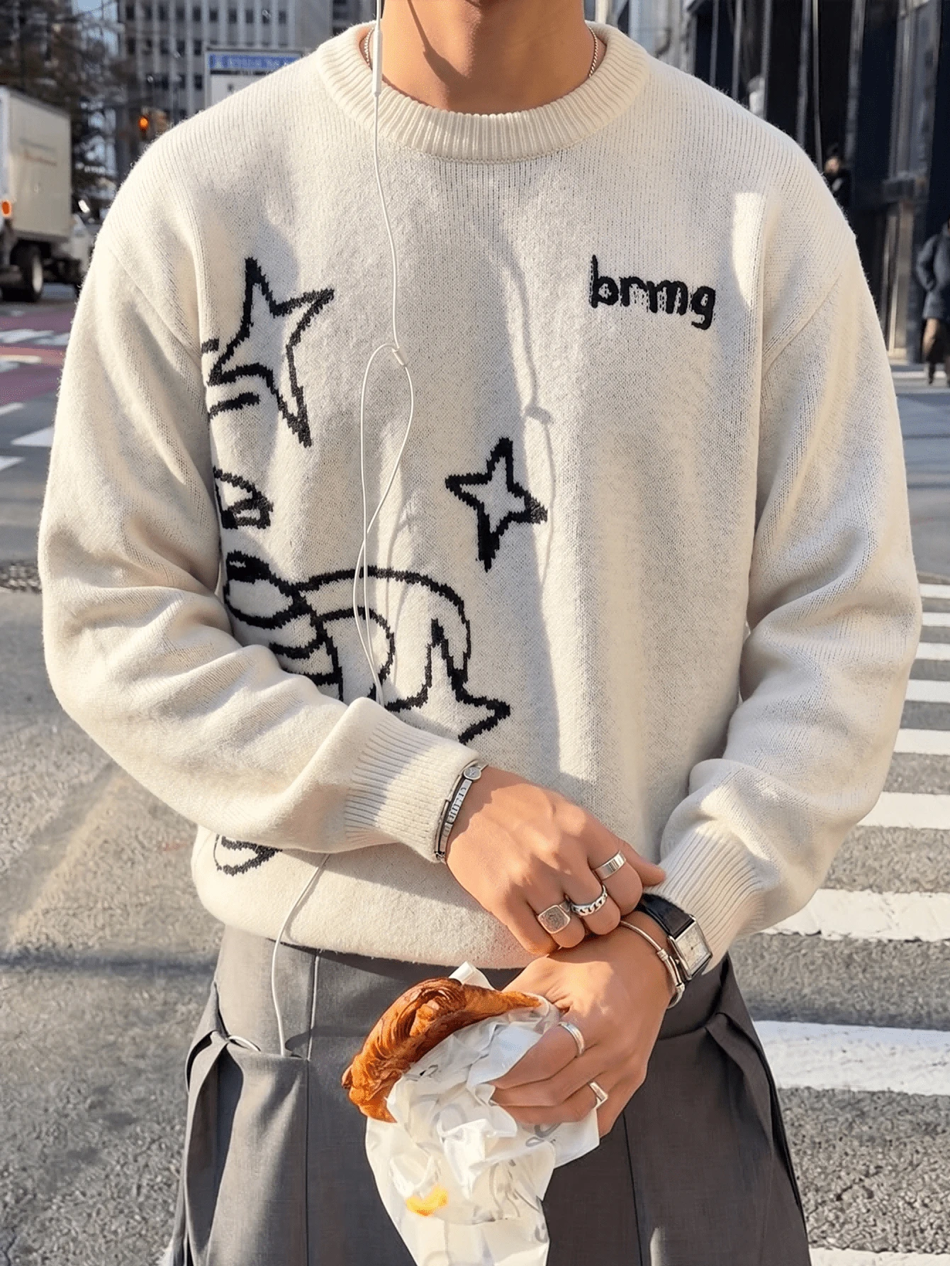 ANDREILEEANDREILEE Men's Casual Loose White Star Jacquard Pattern ...