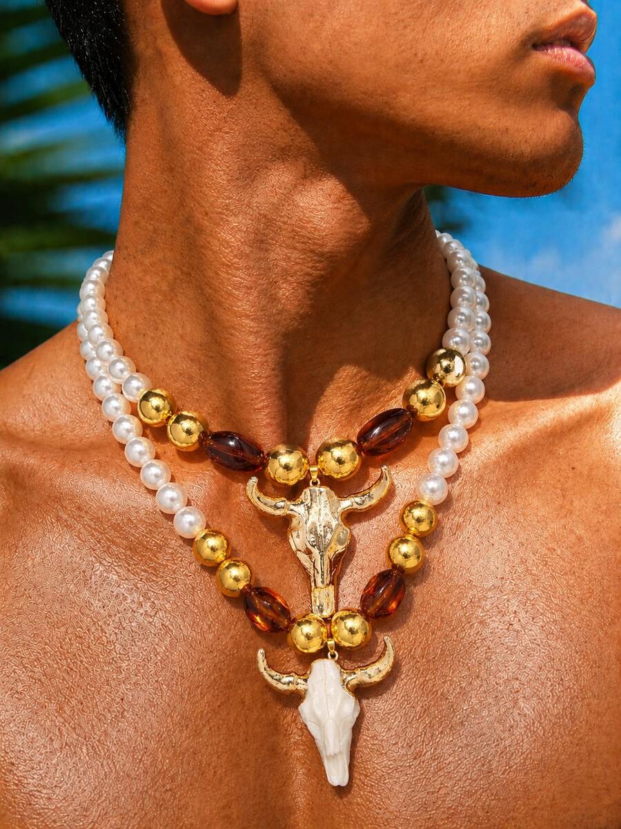 1pc Beach Vacation Fashion Unique Personalized Casual Design Bull Head Beaded Necklace, Men's Daily Holiday Party Wear Jewelry - Multicolor - View 1
