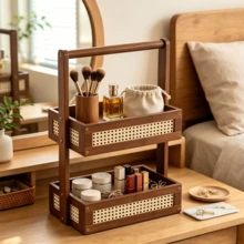 1PC Double Layer Woven Rattan Desktop Storage Rack, Storage Basket, Handheld Makeup Skincare Lipstick Organizer Tray, Home Bedroom Vanity Makeup Table Jewelry Storage Box, Desktop Sundries Aromatherapy Storage Basket, Nordic Minimalist Home Decor Ornament, Jewelry Necklace Ring Jewelry Box, Suitable For Vanity, Desk, Bathroom Countertop, Girls Makeup Supplies Storage Organizer Basket, Christmas Halloween Holiday Gift Multi-Functional Desktop Layered Storage Rack - Multicolor - View 1