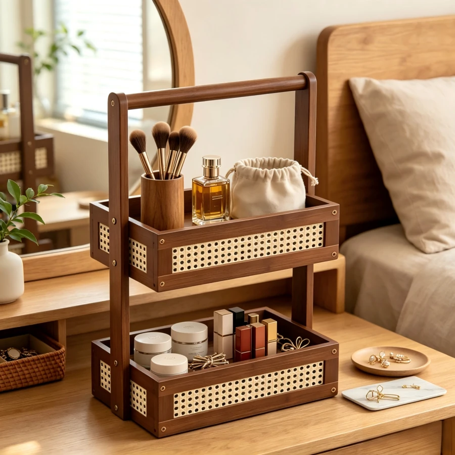 1PC Double Layer Woven Rattan Desktop Storage Rack, Storage Basket, Handheld Makeup Skincare Lipstick Organizer Tray, Home Bedroom Vanity Makeup Table Jewelry Storage Box, Desktop Sundries Aromatherapy Storage Basket, Nordic Minimalist Home Decor Ornament, Jewelry Necklace Ring Jewelry Box, Suitable For Vanity, Desk, Bathroom Countertop, Girls Makeup Supplies Storage Organizer Basket, Christmas Halloween Holiday Gift Multi-Functional Desktop Layered Storage Rack - Multicolor - View 1