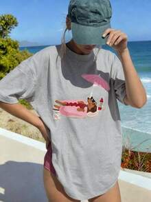 Women's Summer Beige Dachshund Print Tee, 100% Cotton Loose Crew Neck Short Sleeve T-Shirt For Casual Daily, Vacation & Spring Outfits - 灰色 - 查看 9