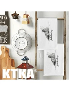 2Pcs Thanksgiving Farmhouse Funny Peeking Highland Cow Kitchen Towels, Machine Washable Dish Towels, Rustic Fall Holiday Kitchen Decor Gift - White - View 3