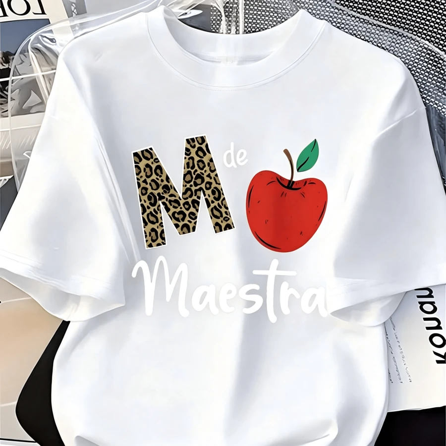 "Teacher" T-Shirt With Apple And Leopard Print For Teachers, Casual Wear - 白色 - 查看 1