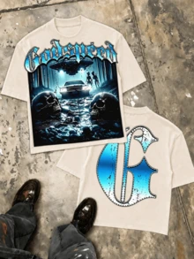 UFO Alien Double-Sided Graphic Tee, Oversized Men Cotton Crew Neck Streetwear Summer Casual Independence Top - 杏色1 - 查看 8