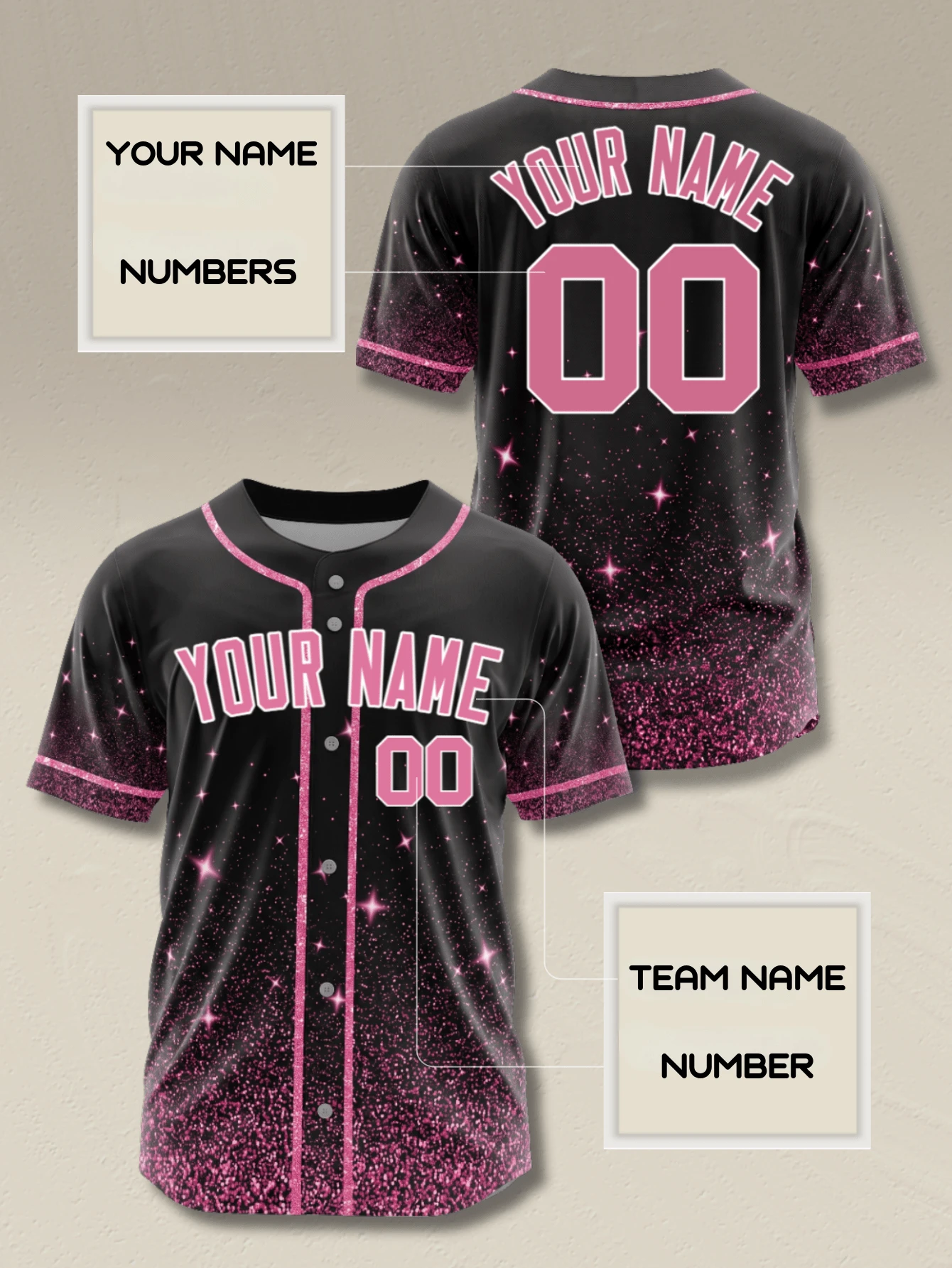 Custom Pink Glitter Baseball Jersey Personalized Name Number Black Sparkle Starry Gameday Shirt Shiny Stripe Button Up Uniform