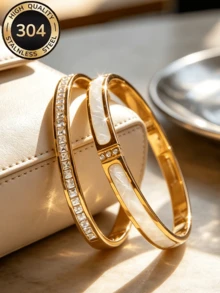 ZCNC Znice Fashion Stainless Steel 18K Gold Plated Women's Rhinestone Bracelet With White Decorative Mother Of Pearl, Sparkling Square Diamond Bracelet Set, Suitable For Women's Daily Wear, Holiday Gift, Fashion Women's Bracelet Set - Gold - View 5