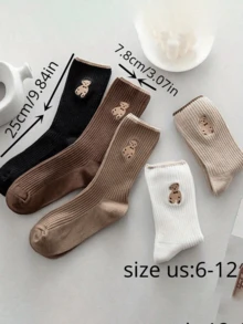 5雙可愛泰迪熊刺繡襪，男女通用－柔軟羅紋針織，多色可選，適合四季穿著，輕盈舒適 - 彩色 - 查看 4