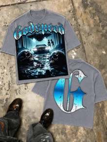 UFO Alien Double-Sided Print Tee, Oversized Men Cotton Crew Neck Casual Streetwear Fathers Day Top - 灰色1 - 查看 11