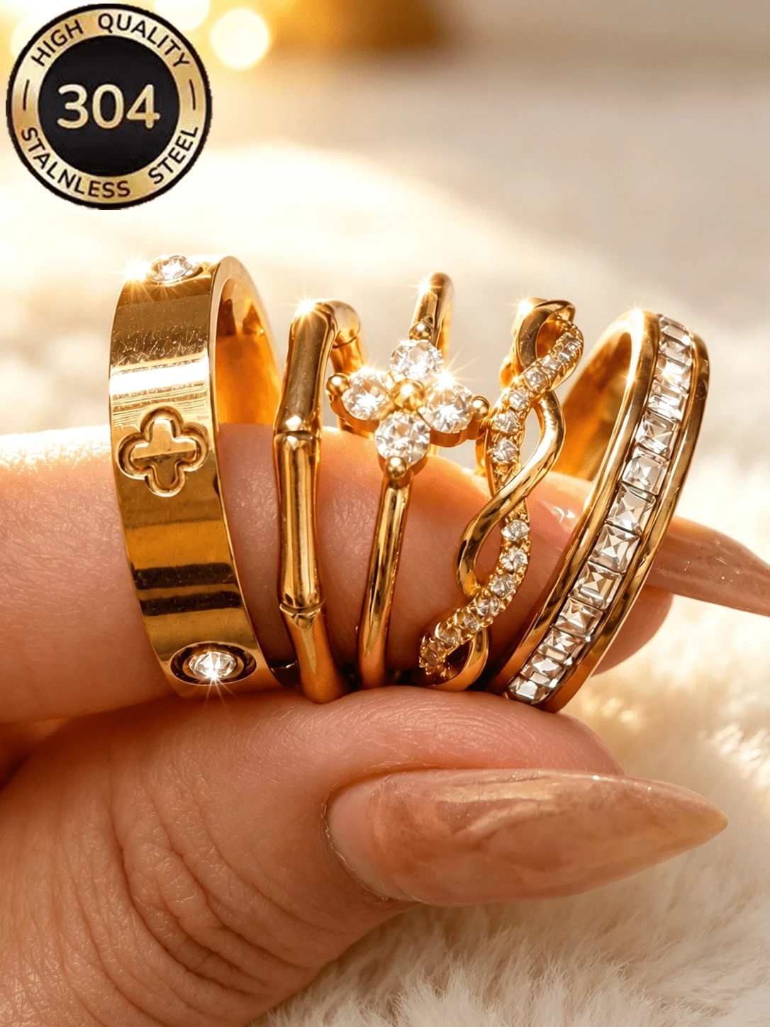 Znice 304 Stainless Steel + Copper 18K Gold Plated Stackable Ring Set, Women's Style, Rhinestone Lucky Four-Leaf Clover, Full Rhinestone And Enamel, Luxury Sparkling Personalized Rings, Hypoallergenic Minimalist Jewelry, Perfect Mother's Day Gift, Summer Vacation Accessory