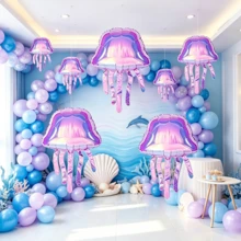 3件組 28英吋紫色全息水母箔氣球，婚禮、生日、海洋派對、畢業派對裝飾氣球，海灘派對裝飾 - 3個紫色炫彩水母 - 查看 6