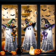 1/3pcs Halloween Ghost Window Clings, Creativity Ghost Wear Witch Hat With Bat Double-Sided Printing Static Stickers, Non-Adhesive Removable Gothic Decor For Home Party Glass Door Decoration - Multicolor - View 2