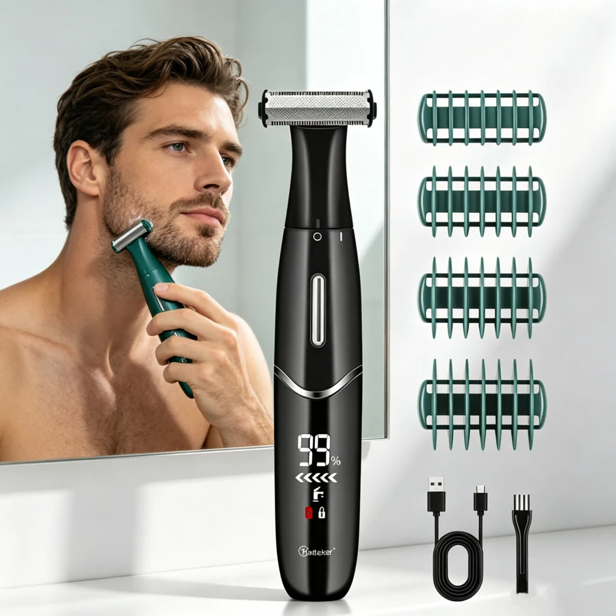 Hatteker 1pc USB Rechargeable Wet & Dry Hair Trimmer With Digital Display, Unisex Full Body Hair Grooming Tool
