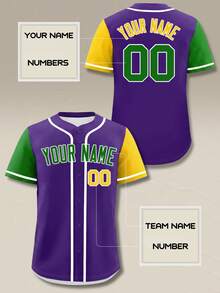 Custom Purple Baseball Jersey Personalized Name Number Yellow Green Piping Button Up Sporty Gameday Shirt Mardi Gras Uniform Tops - Purple - View 2