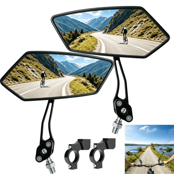 Rear-View Bicycle Mirror, A Pair Of - Convex Mountain Bike Handlebars Installed, Enhancing Visibility, Pentagonal Outer Frame Design