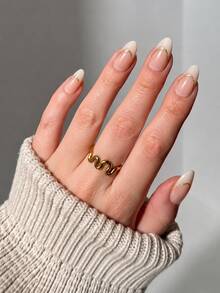 24片中號杏仁形穿戴式假指甲，裸色漸層白色法式指尖搭配細金弧線，極簡優雅風全覆蓋假指甲，適合女性與女孩四季使用，適用於日常、約會、辦公、居家、派對 - 彩色 - 查看 7