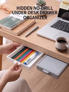 1pc No-Drill Self-Adhesive Drawer Storage Box, Hidden Under-Desk Stationery Organizer, Easy Install Durable Space-Saving Multipurpose Cabinet Sorting Bin For Home Office Kitchen Desk Daily Use,Back To School Season - Multiple Colors and Styles - View 2