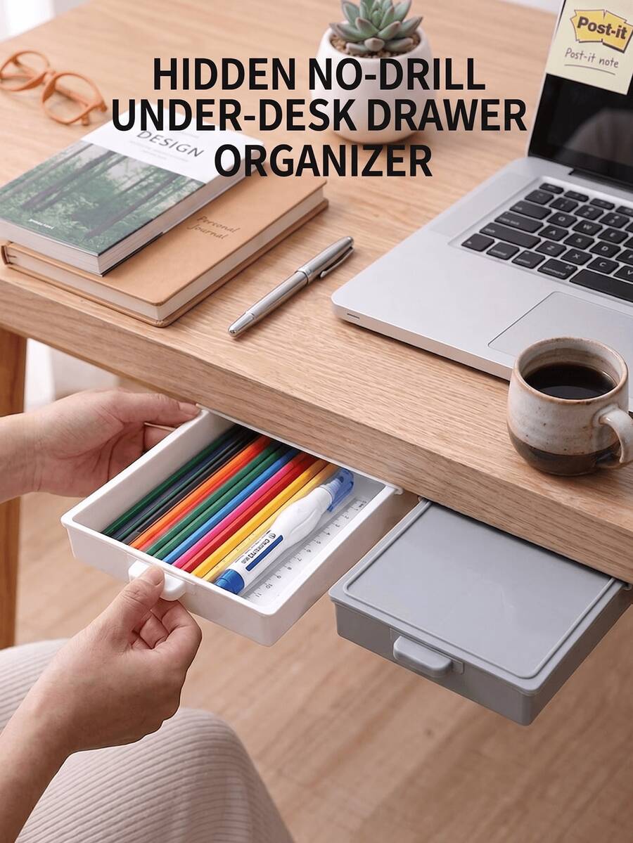 1pc No-Drill Self-Adhesive Drawer Storage Box, Hidden Under-Desk Stationery Organizer, Easy Install Durable Space-Saving Multipurpose Cabinet Sorting Bin For Home Office Kitchen Desk Daily Use,Back To School Season