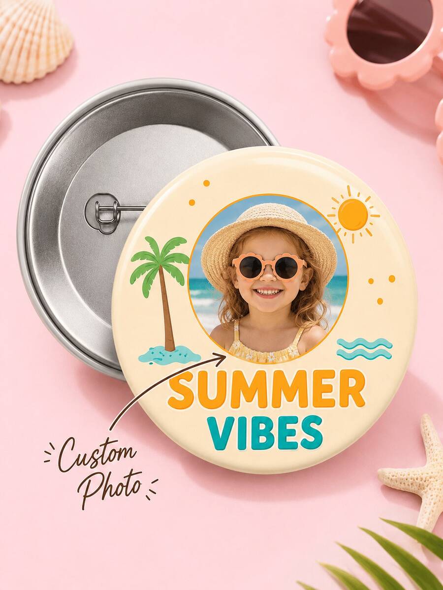 1 pieza Insignia redonda personalizada con foto de vibras de verano, broche de botón con foto personalizada con diseño de palmera, sol & ola del océano, lindo para mochila, chaqueta, bolso - Multicolor - Ver 1
