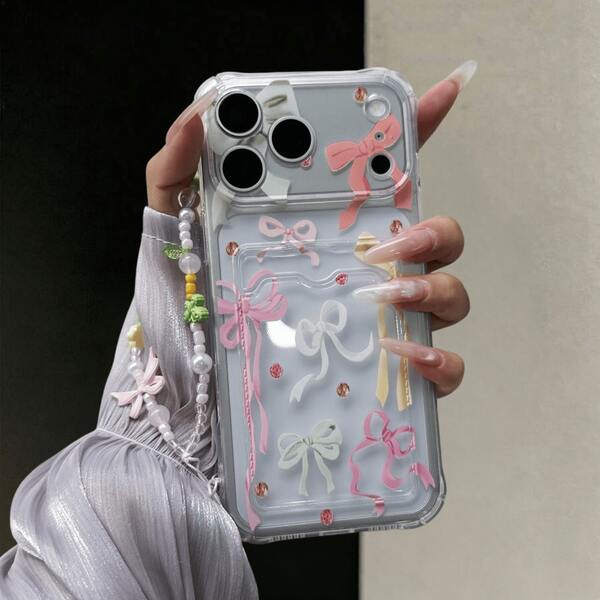 Casing Pelindung dengan Warna Kontras Segar dan Hiasan Pita Rhinestone, Bahan TPU Fleksibel Transparan dengan Slot Kartu Terintegrasi dan Hiasan Pita Manik-manik Warna-warni Kartun, Gaya Serbaguna untuk Pelajar, Estetika Komuter yang Elegan, Kompatibel dengan Apple 17/17 Pro/17 Pro Max, 16/15/14/13/Pro/Pro Max, S24/S25/S26 - Casing Ponsel Apple, Casing Ponsel Apple 17 Pro Max, Casing Ponsel, Casing Ponsel