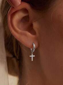 1pair Stainless Steel Cross Hoop Earrings For Women Men Minimalist Huggie Earrings Gold Color Dangle Drop Earrings Punk Gothic Jewelry - Cross - View 2