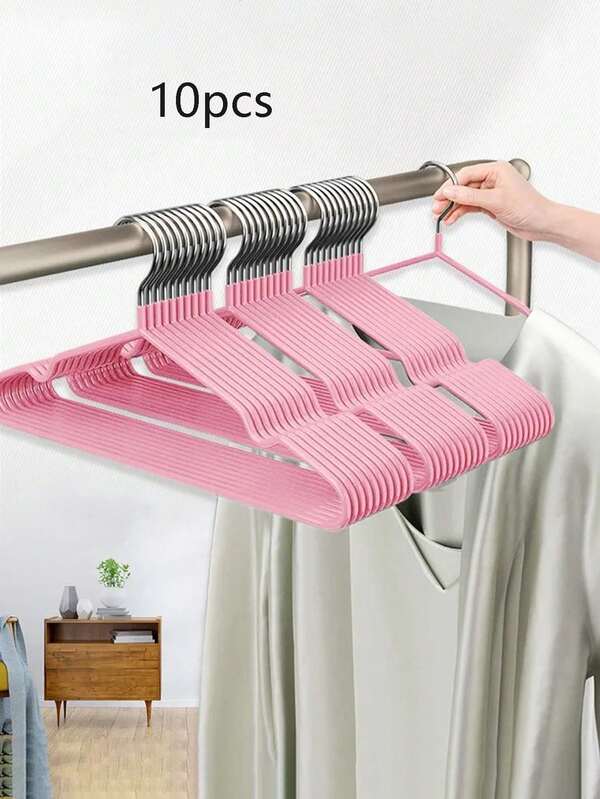 1 Pack 10pcs Indoor Hangers, Seamless Minimalist Metal Adult Non-Slip Dipped Plastic Coated Hangers With Slots For Home Use