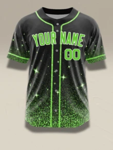 Custom Green Glitter Baseball Jersey Personalized Name Number Black Sparkle Starry Gameday Shirt Shiny Stripe Button Up Uniform - Black - View 3