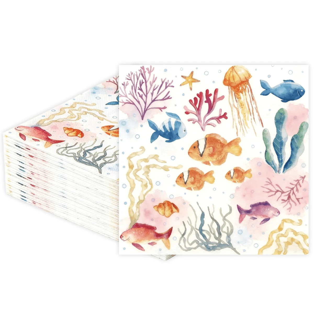 Under The Sea 紙巾,海洋主題一次性紙巾,魚類珊瑚礁圖案,夏季海灘派對用品,沿海風格餐桌裝飾 - 多色 - 查看 1