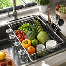 Stozle Dish Drying Rack In Sink, Expandable Stainless Steel Dish Drainers For Kitchen Counter, Dish Dryer Rack For Inside Sink, Over The Sink Dish Racks With Utensil Holder, Silver,Kitchen Sink Drain Strainer With Cutlery Holder & Cup Holder - 銀色 - 查看 9