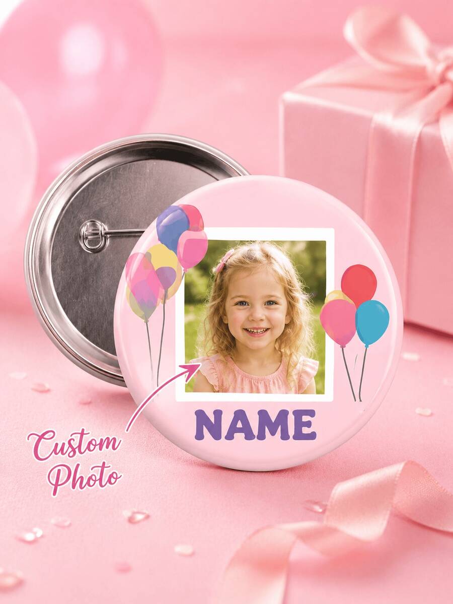 1 pieza Insignia redonda personalizada con foto y nombre con diseño de globos de colores, botón de retrato personalizado para niños para mochila, chaqueta, bolsa escolar o fiesta - Multicolor - Ver 1