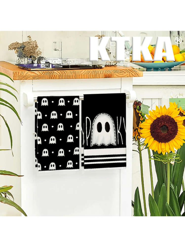 2pcs Black & White Cute Ghost Halloween Kitchen Towels, Farmhouse Style Autumn Home Decor Hand Towels, Suitable For Kitchen Halloween Party Decoration - Black and White - View 2