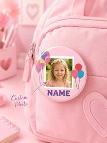 1 pieza Insignia redonda personalizada con foto y nombre con diseño de globos de colores, botón de retrato personalizado para niños para mochila, chaqueta, bolsa escolar o fiesta - Multicolor - Ver 2