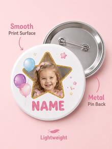 1 pieza Insignia redonda personalizada con foto y nombre, broche de botón con marco de estrella personalizado y diseño de globo pastel, alfiler de metal ligero para niños, cumpleaños - Multicolor - Ver 6