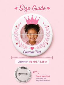 1pc Personalized Photo Button Badge, Custom Text Princess Crown Round Pin With Metal Back, Cute Keepsake For Girls, Birthday Party, School Bag, Clothi - Multicolor - View 5