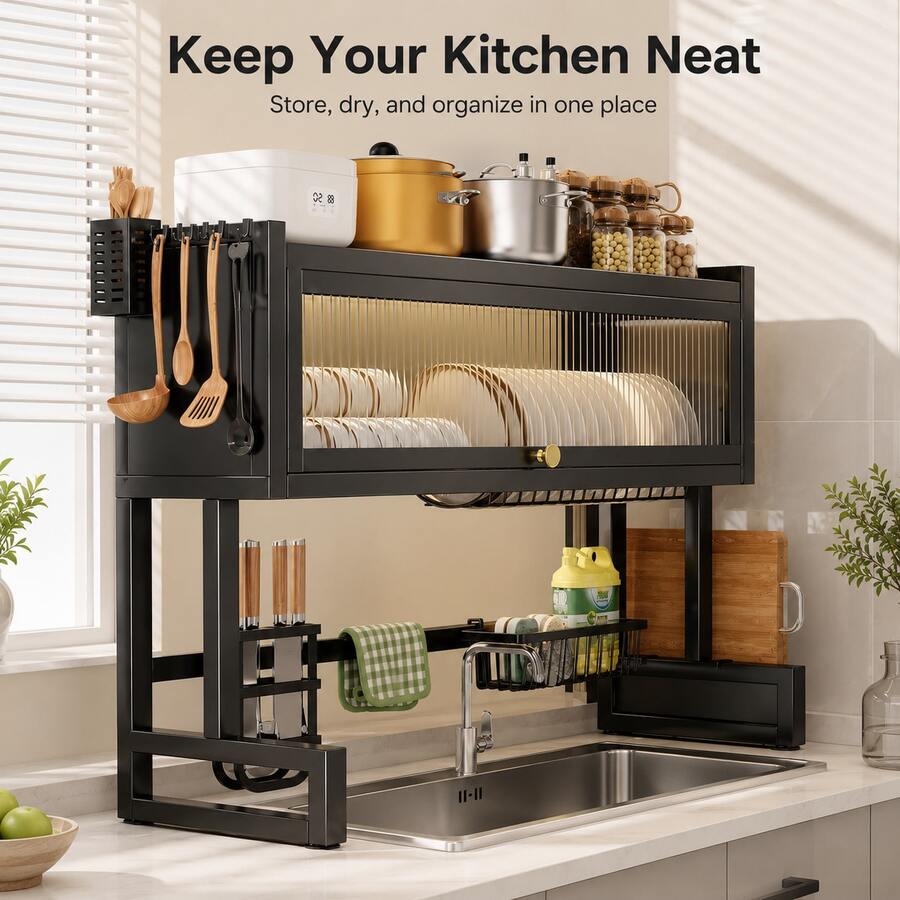 Kitchen Sink Drain Rack, Kitchen Countertop Dust-Proof Storage Rack For Bowls And Plates, Household Chopstick Drain Rack, Black Kitchen Storage Rack - Multicolor - View 1