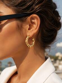 3 Pairs/Set Vintage Stainless Steel Gold-Plated Textured Woven Mesh Dragon Scale Pattern Thick Hoop Earrings Set, For Women's Daily Wear - Yellow Gold - View 2
