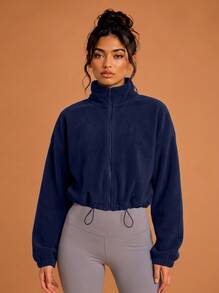 Never me Women's Thick Full Zip Short Jacket, High Neck Drawstring Hem Outdoor Running Top - Navy Blue - View 3
