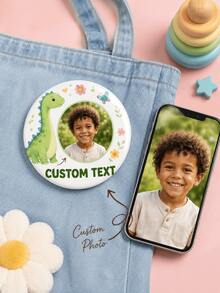 1pc Custom Photo Dinosaur Badge, Personalized Round Pin Button With Custom Text, Cute Cartoon Brooch For Kids Backpack, Jacket Or Tote Bag, Photo Badg - Multicolor - View 2