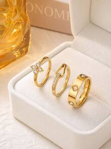 304 Stainless Steel 18K Gold Plated Stackable Ring Set, 3-Piece Gold Ring Set, Women's Style Design, Hypoallergenic Minimalist Jewelry, Perfect Mother's Day Gift, Summer Vacation Accessory - Star - View 6