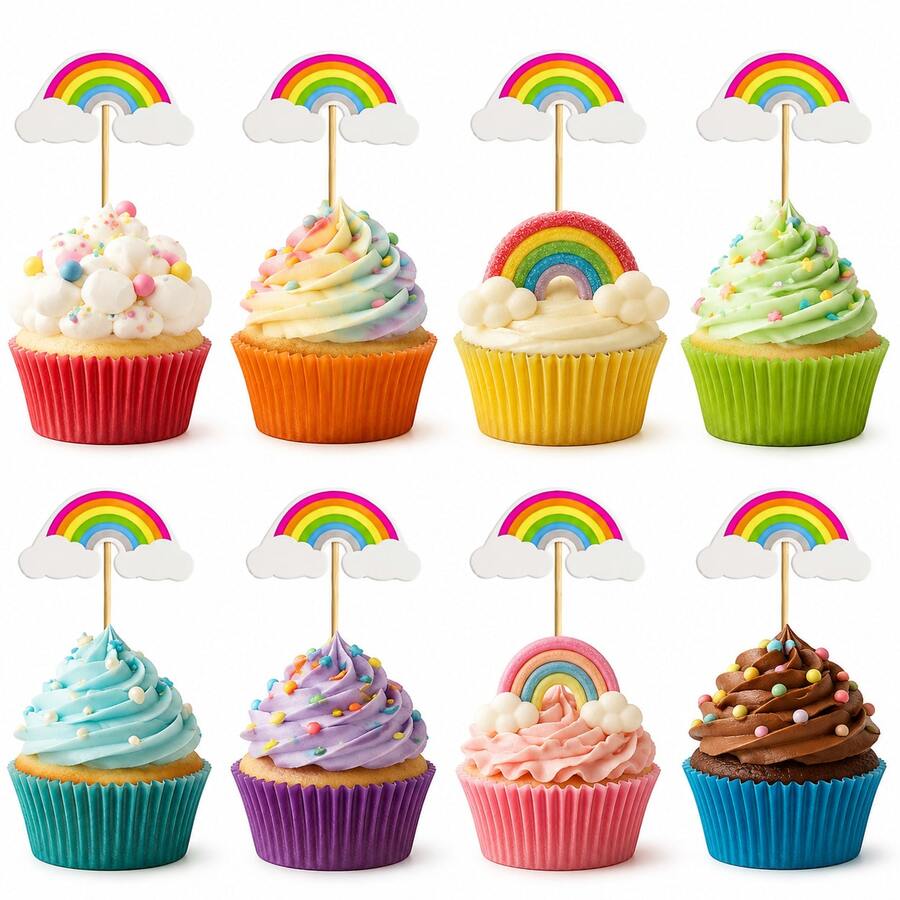 24/36pcs Rainbow Cloud Cupcake Toppers Set, Colorful Party Decorations For K*Ds Birthday, Baby Shower Dessert Decor, Rainbow Theme Party Supplies - Classic Rainbow - View 1