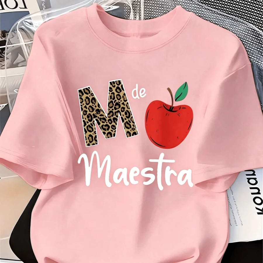 "Teacher" T-Shirt With Apple And Leopard Print For Teachers, Casual Wear - 粉色 - 查看 1
