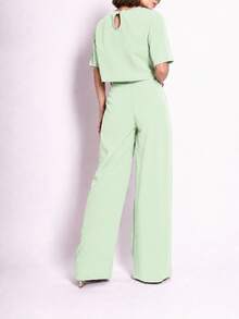Women's Blouse + Wide-Leg Pants Set - 淡綠色 - 查看 2